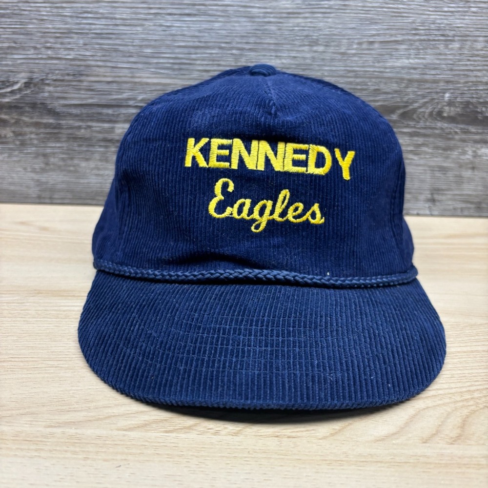 Vintage Kennedy Eagles Hat Cap Snap Back Blue Corduroy Mascot High School 90s